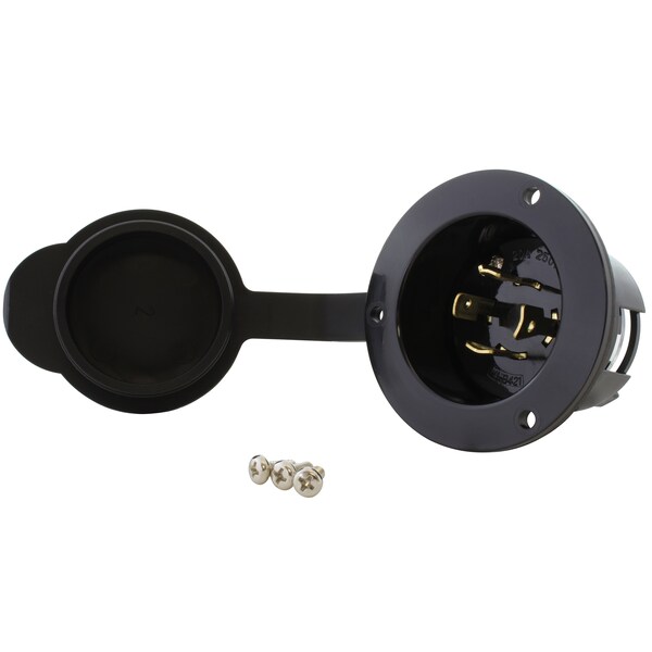 Flanged Locking Inlet, 20 A, 250V AC, Three Phase, Screw Terminals, Black